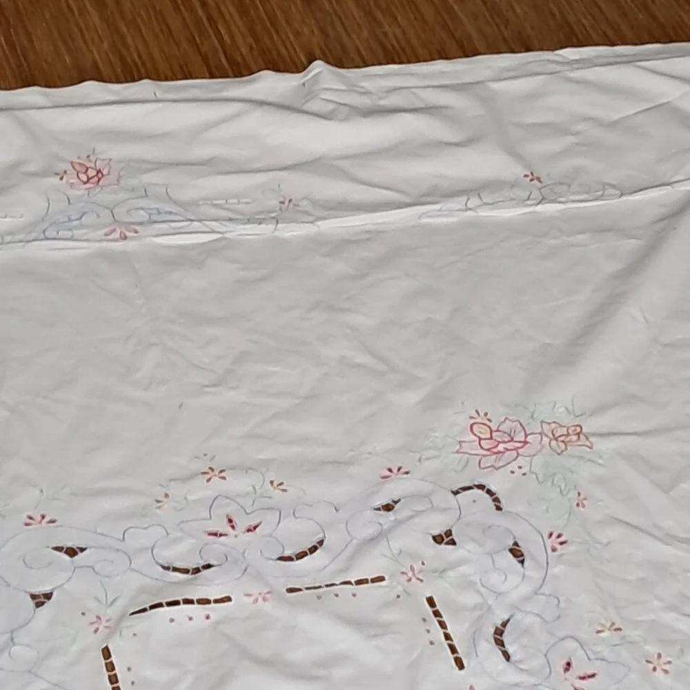 Vintage Embroidered Shower Curtain Pink Floral Cutwork Cottage Chic Linen Look